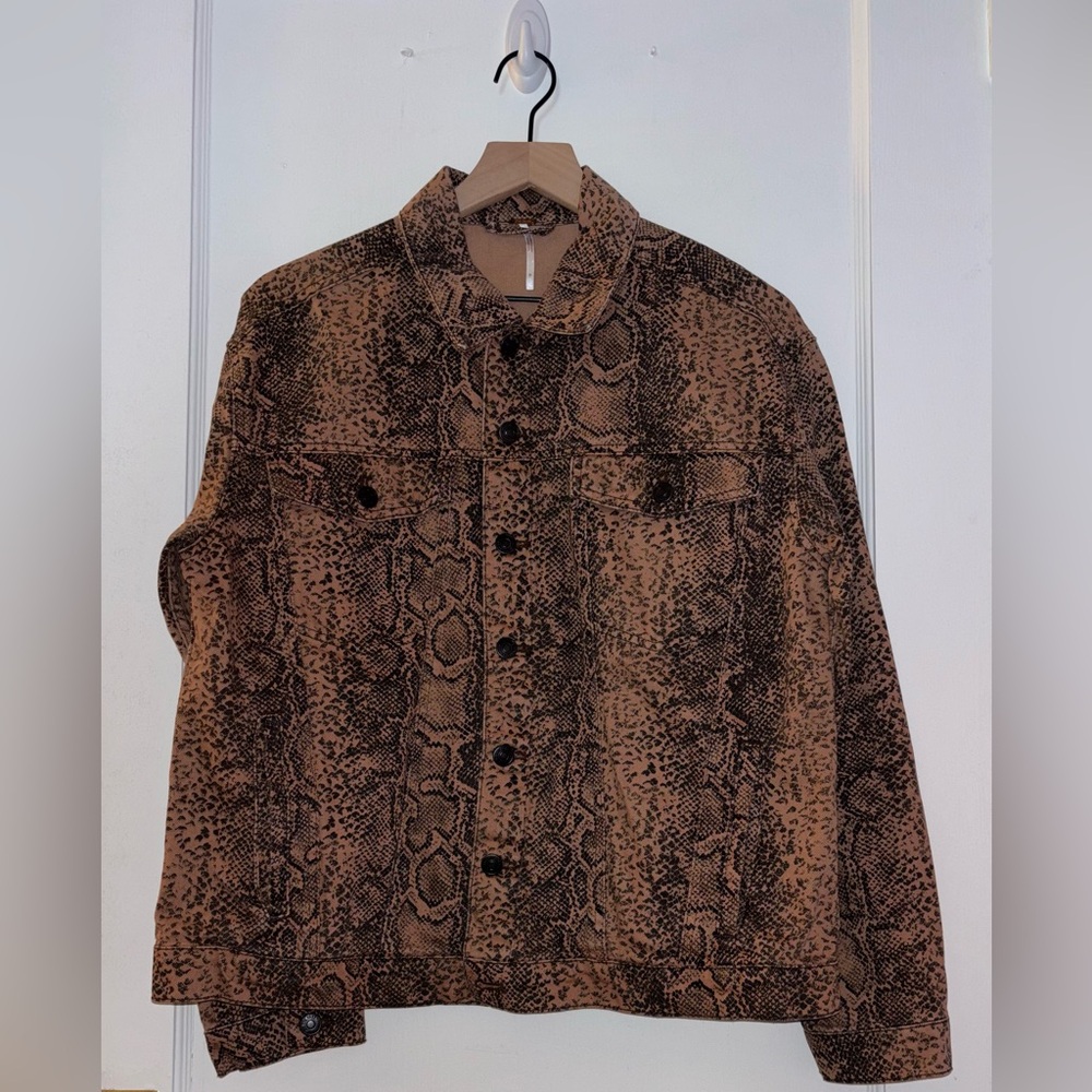 Free People Brown Snake Print Button Front Denim Trucker Jacket